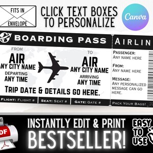 Gifs de cartão de embarque de viagem de passagem aérea personalizada INSTANTÂNEAMENTE EDITÁVEIS | Ideia surpresa de férias de Natal para aniversário | PDF para impressão