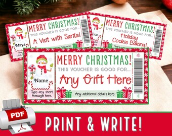 INSTANTLY PRINT & WRITE Snowman Snowflakes Candy Cane Christmas Voucher Coupon Gift Certificate | Girls Boys, Printable pdf Template #26