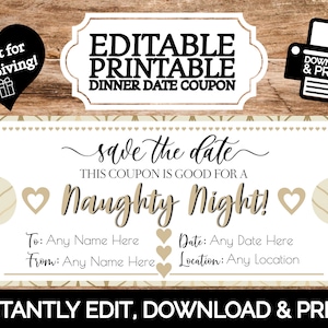 INSTANT EDITABLE Personalized Naughty Night Gift Certificate Coupon Voucher | Edit & Print Printable Template, Valentines Day Anniversary