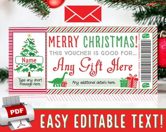 Peut inclure: Bon de cadeau de Noël imprimable avec un sapin de Noël sur le thème des dinosaures et le texte "Joyeux Noël ! Ce bon est valable pour... N'importe quel cadeau ici".