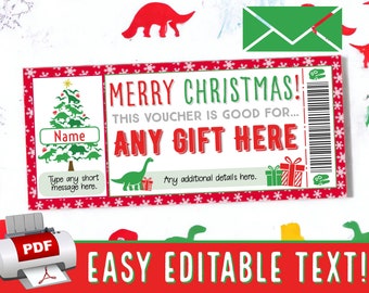 Peut inclure: Un bon cadeau de Noël avec une bordure rouge et blanche, orné d'illustrations de dinosaures verts et de flocons de neige. Le bon indique "JOYEUX NOËL !" et "TOUT CADEAU ICI." Comprend un espace pour un nom et un court message. Une icône d'imprimante PDF est visible.