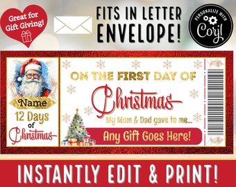 INSTANTLY EDIT Christmas 12 Days of Christmas Voucher Coupon Gift Certificate for Experience Giving | Surprise From Santa pdf Printable