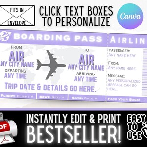 Gifs de cartão de embarque de viagem de passagem aérea personalizada INSTANTÂNEAMENTE EDITÁVEIS | Ideia surpresa de férias de Natal para aniversário | PDF para impressão