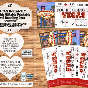 DIRECT BEWERKBAAR Gepersonaliseerde Las Vegas Boarding Pass Souvenir Ticket voor het geven van geschenken Bewerken en afdrukken Afdrukbare sjabloon Verrassing onthullen afbeelding 2