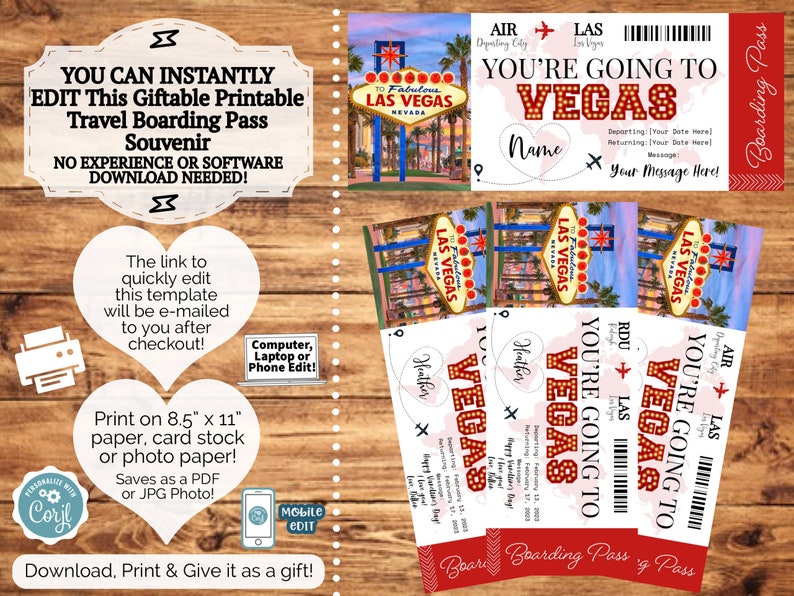 DIRECT BEWERKBAAR Gepersonaliseerde Las Vegas Boarding Pass Souvenir Ticket voor het geven van geschenken Bewerken en afdrukken Afdrukbare sjabloon Verrassing onthullen afbeelding 2