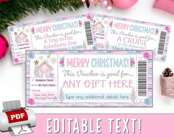 INSTANTLY EDIT Pink Christmas Gingerbread House Gift Voucher Coupon Gift Certificate | Girls Surprise From Santa pdf Printable Template #17