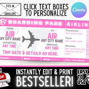 Gifs de cartão de embarque de viagem de passagem aérea personalizada INSTANTÂNEAMENTE EDITÁVEIS | Ideia surpresa de férias de Natal para aniversário | PDF para impressão