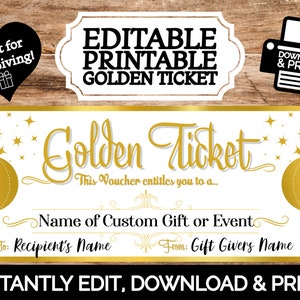 SOFORT EDITIERBARE Personalisierte Goldene Ticket Souvenir Ticket Geschenk Coupon Gutschein Geschenk | Bearbeiten & drucken | Druckvorlage Surprise Reveal