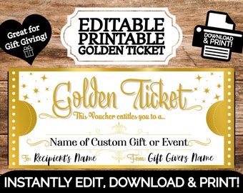 INSTANT EDITABLE Personalized Golden Ticket Souvenir Ticket Gift Coupon Voucher Gift | Edit & Print | Printable Template Surprise Reveal