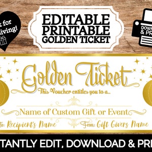 EDITABLE INSTANTE Boleto dorado personalizado Boleto de recuerdo Cupón de regalo Regalo / Editar e imprimir / Plantilla imprimible Revelación sorpresa