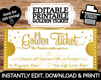 INSTANT EDITABLE Personalized Golden Ticket Souvenir Ticket Gift Coupon Voucher Gift | Edit & Print | Printable Template Surprise Reveal
