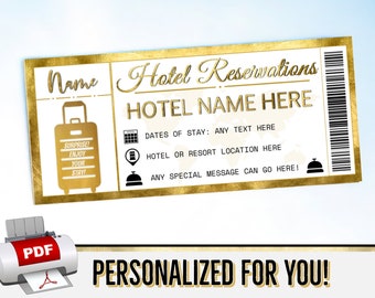 PERSONALIZED FOR YOU Gold Hotel Reservations Gift Certificate Voucher Coupon - Birthday Christmas Resort, Travel Printable pdf Template #8H