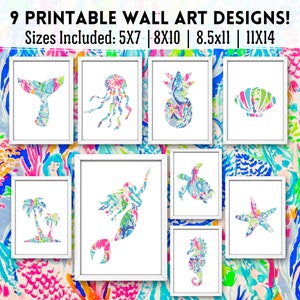 May include: Nine printable wall art designs featuring various ocean-themed silhouettes, including a mermaid, a seahorse, a starfish, a pineapple, a seashell, a jellyfish, a turtle, a palm tree, and a whale tail. The designs are in a colourful, patterned style.
