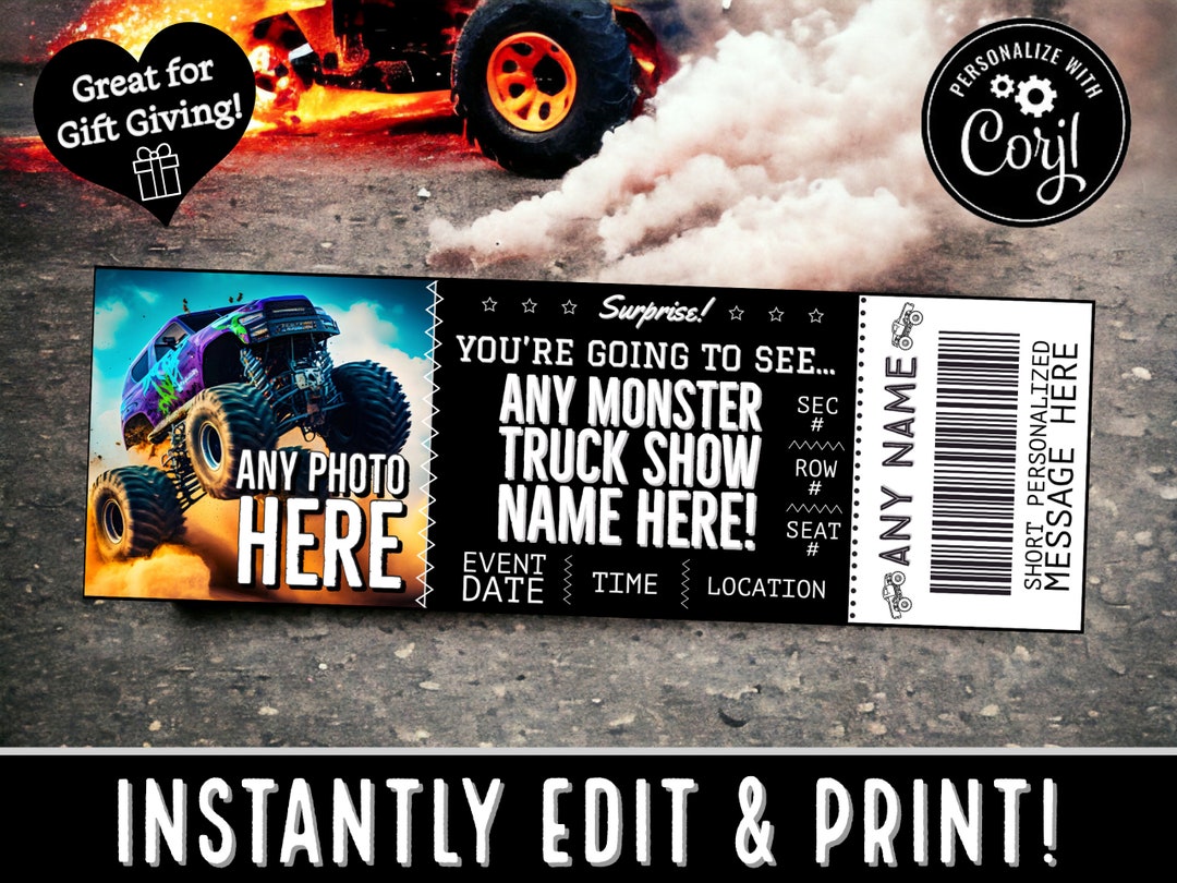 INSTANTLY EDIT Monster Truck Ticket Stub Template Gift Professional Race Show Tickets for
