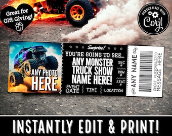 EDITAR INSTANTÁNEAMENTE Plantilla de talón de boleto de Monster Truck / Regalo de boletos para espectáculos de carreras profesionales para Navidad / Regalo de recuerdo / Imprimir pdf Correo electrónico