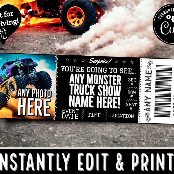 INSTANTLY EDIT Monster Truck Ticket Stub Template | Gift Professional Race Show Tickets for Christmas | Gift Souvenir | Print pdf Email