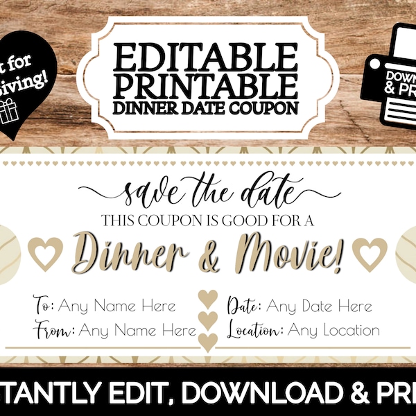 INSTANT EDITABLE Personalized Dinner and Movie Date Gift Certificate Coupon Voucher | Edit & Print Template | Valentines Day Anniversary DIY