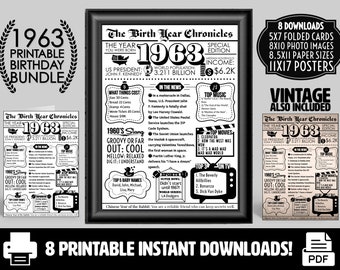 1963 PRINTABLE Vintage Newspaper Year You Were Born Birthday Bundle | Card Printout Poster Gifts Him Her | What Happened in 1963 Party Decor