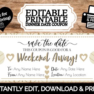 INSTANT EDITABLE Personalized Weekend Away Trip Gift Certificate Coupon | Edit & Print Template, Valentines Day, Anniversary, Mothers Day