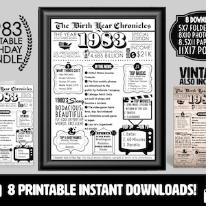 1983 PRINTABLE vintage Newspaper Year You Were Born Birthday Bundle | Affiche d'impression de carte cadeaux lui elle | Ce qui s'est passé en 1983 Party Decor