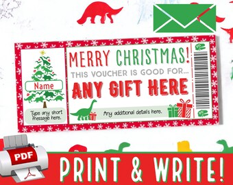 Peut inclure: Bon de cadeau de Noël imprimable sur le thème des dinosaures. Le bon a un fond rouge et blanc avec des flocons de neige et un sapin de Noël vert en forme de dinosaure. Le texte indique "Joyeux Noël ! Ce bon est valable pour... N'importe quel cadeau ici".