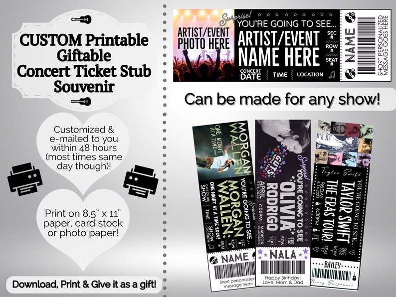 PERSONALIZED FOR YOU Concert or Event Ticket Stub Gift Souvenir Print Email Delivery Ways to Gift Concerts Birthday pdf Surprise image 2