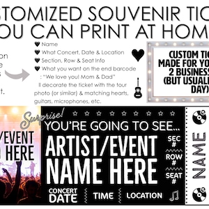 PERSONALIZED FOR YOU Concert or Event Ticket Stub Gift Souvenir Print Email Delivery Ways to Gift Concerts Birthday pdf Surprise image 3