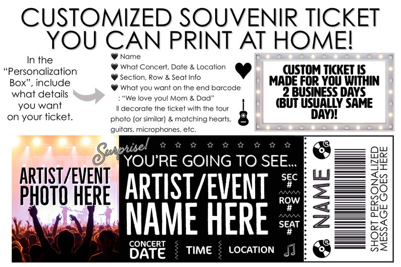 PERSONALIZED FOR YOU Concert or Event Ticket Stub Gift Souvenir Print Email Delivery Ways to Gift Concerts Birthday pdf Surprise image 3
