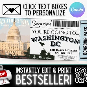 Bilhete de presente personalizado para viagem a Washington DC, editável INSTANTANEAMENTE | Ideia surpresa de férias de Natal para aniversário | PDF para impressão
