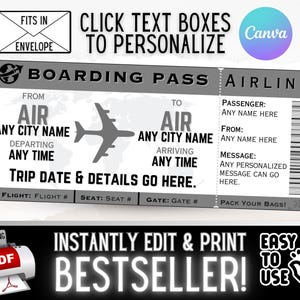 Gifs de cartão de embarque de viagem de passagem aérea personalizada INSTANTÂNEAMENTE EDITÁVEIS | Ideia surpresa de férias de Natal para aniversário | PDF para impressão