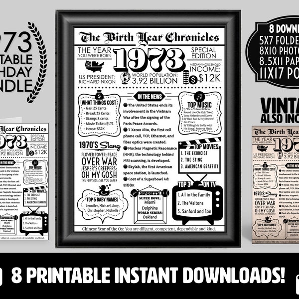 1973 PRINTABLE Vintage Newspaper Year You Were Born Birthday Bundle | Card Printout Poster Gifts Him Her | What Happened in 1973 Party Decor