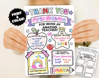 PRINTABLE Kids Coloring Thank You Card for Teachers | PDF Instant Download | Appreciation Week, Christmas, Birthday, End of School Year Gift