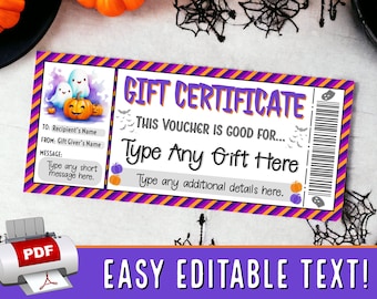 May include: Printable Halloween gift certificate template with a purple and orange striped background. The template features a cartoon illustration of ghosts and pumpkins. The text "GIFT CERTIFICATE" is in a purple font. The text "THIS VOUCHER IS GOOD FOR..." is in a black font. The text "Type Any Gift Here" is in a black font. The text "Type any additional details here." is in a black font.