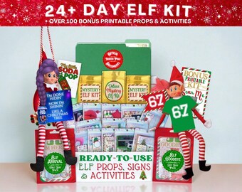 24 Day Elf Advent Activities Kit with Signs & Props | 2025 Funny Christmas Elves | Mini Accessories + Santa Letter | 67 BONUS PDF Printables