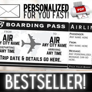 PERSONNALISÉ POUR VOUS Avion Vol Voyage Carte d'embarquement Billet cadeau | Bon cadeau d'idée d'anniversaire pour les vacances de Noël surprise | PDF imprimable