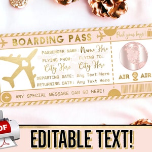 EDITÁVEL INSTANTÂNEO Rosa Ouro Rosa Cartão de Embarque Presente de Bilhete de Avião - Voucher de Voo - Aniversário Férias de Natal - Modelo PDF para impressão # 6P