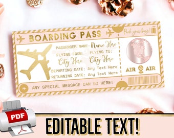 INSTANT EDITABLE Rose Gold Pink Boarding Pass Plane Ticket Gift - Flight Voucher - Birthday Christmas Vacation - Printable pdf Template #6P