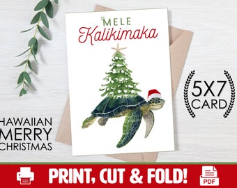 PRINTABLE Hawaiian Sea Turtle Christmas Card | 5x7 Folded Card | Print on Standard Paper | Download | Mele Kalikimaka | Hawaii Surprise