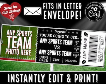Modelo de ingresso para jogo de futebol com edição instantânea | Presente de Natal com ingressos para jogos de futebol | Imprimir | Entrega por e-mail