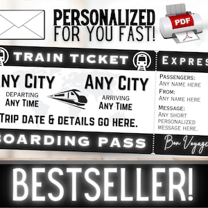 PERSONNALISÉ POUR VOUS Voyage en train, carte d'embarquement, billet cadeau souvenir | Bon cadeau d'idée d'anniversaire pour les vacances de Noël surprise | PDF imprimable