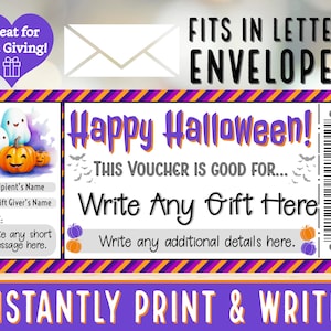 IMPRIMA Y ESCRIBA AL INSTANTE Cupón de regalo de Halloween Pumpkins and Ghosts / Regalos de fiesta de truco o trato / Certificado de regalo para niños en formato PDF imprimible - N.° 3