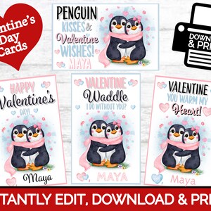 Schattige pinguïns BEWERKBARE gepersonaliseerde aquarel Valentijnsdagkaarten | Afdrukbare sjabloon | Valentijnskaart | Jongens | Meisjes | Peuterpinguïn