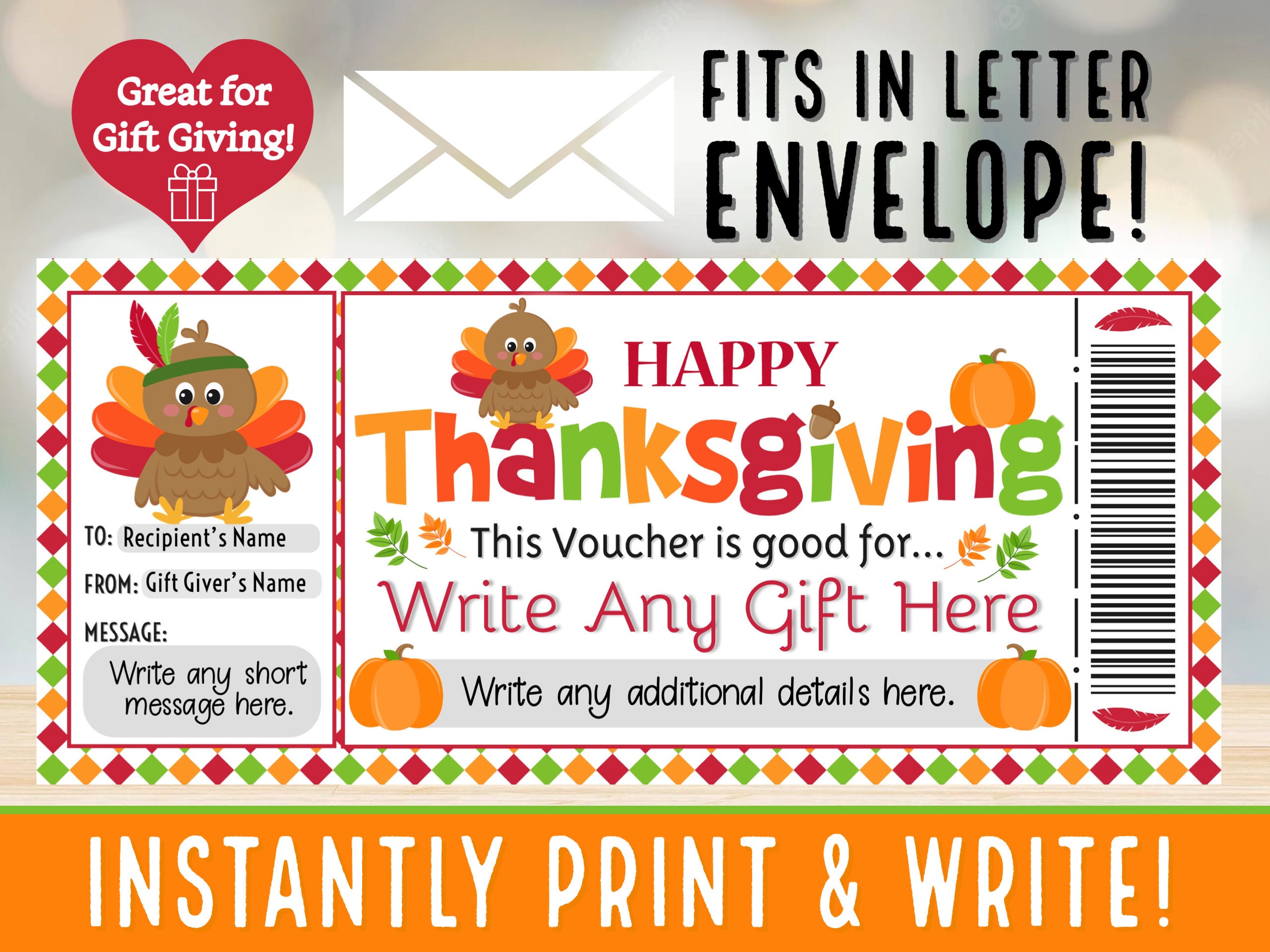 INSTANTLY PRINT & WRITE Indian Thanksgiving Turkey Gift Voucher Coupon Certificate | Fall Adult, Kids Gift Ideas | pdf Printable Gifts - #7