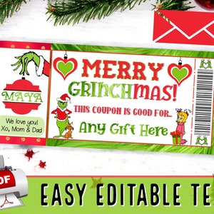 EDITAR AL INSTANTE Certificado de cupón navideño de Merry Grinchmas / Experiencia en entrega de regalos / Plantilla de relleno de medias sorpresa Max Lou PDF - #3