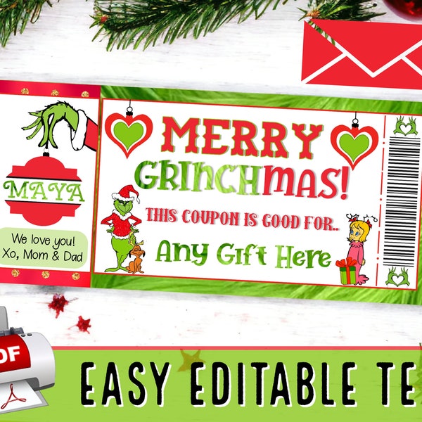 INSTANTLY EDIT Merry Grinchmas Christmas Coupon Certificate | Experience Gift Giving | Max Lou Surprise Stocking Stuffer Template PDF - #3