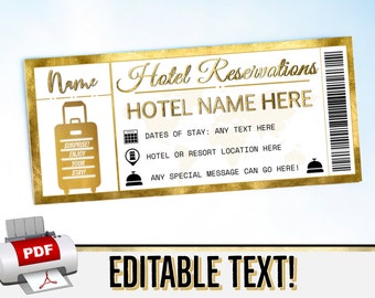 INSTANT EDITABLE Gold Hotel Gift Certificate Voucher Coupon - Reservations - Birthday Christmas - Resort, Travel Printable pdf Template #8H