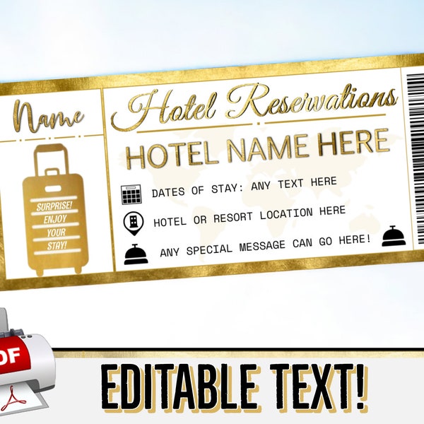 INSTANT EDITABLE Gold Hotel Gift Certificate Voucher Coupon - Reservations - Birthday Christmas - Resort, Travel Printable pdf Template #8H