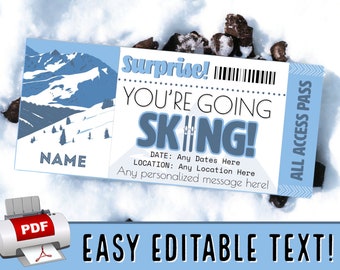 INSTANT EDITABLE Skiing Trip Surprise Ticket | Snow Ski, Skis, Skiing | Gift Souvenir | Birthday Christmas Vacation | Printable pdf Template