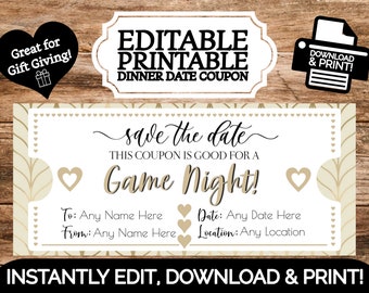 INSTANT EDITABLE Personalized Game Night Birthday Gift Certificate Coupon Voucher | Edit & Print Template | Valentines Day Kids, Teen Gifts