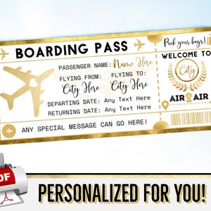 PERSONALIZED FOR YOU Gold Boarding Pass Plane Ticket Gift - Flight Voucher - Birthday Christmas Surprise Vacation - Print pdf Template - #8P
